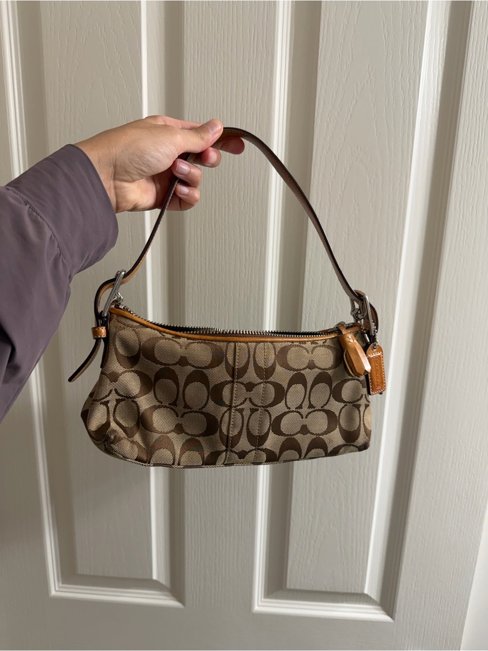 Coach Signature Canvas Mini Shoulder Bag in Brown with Tan Trim Monogrammed